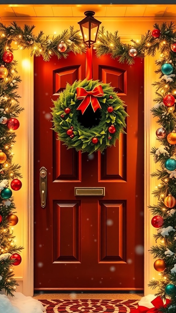 A festive Christmas door decorated with lights, wreath, and garland, set against a snowy backdrop.